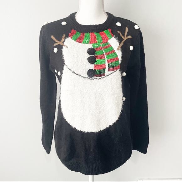 Forever 21 snowman holiday Christmas sweater size small black crew pullover - Picture 1 of 8